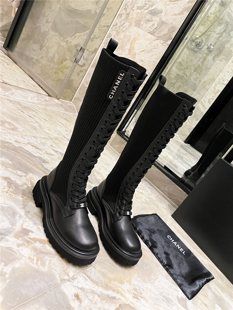 Ch**el lace-up knitted calfskin knee-high boots