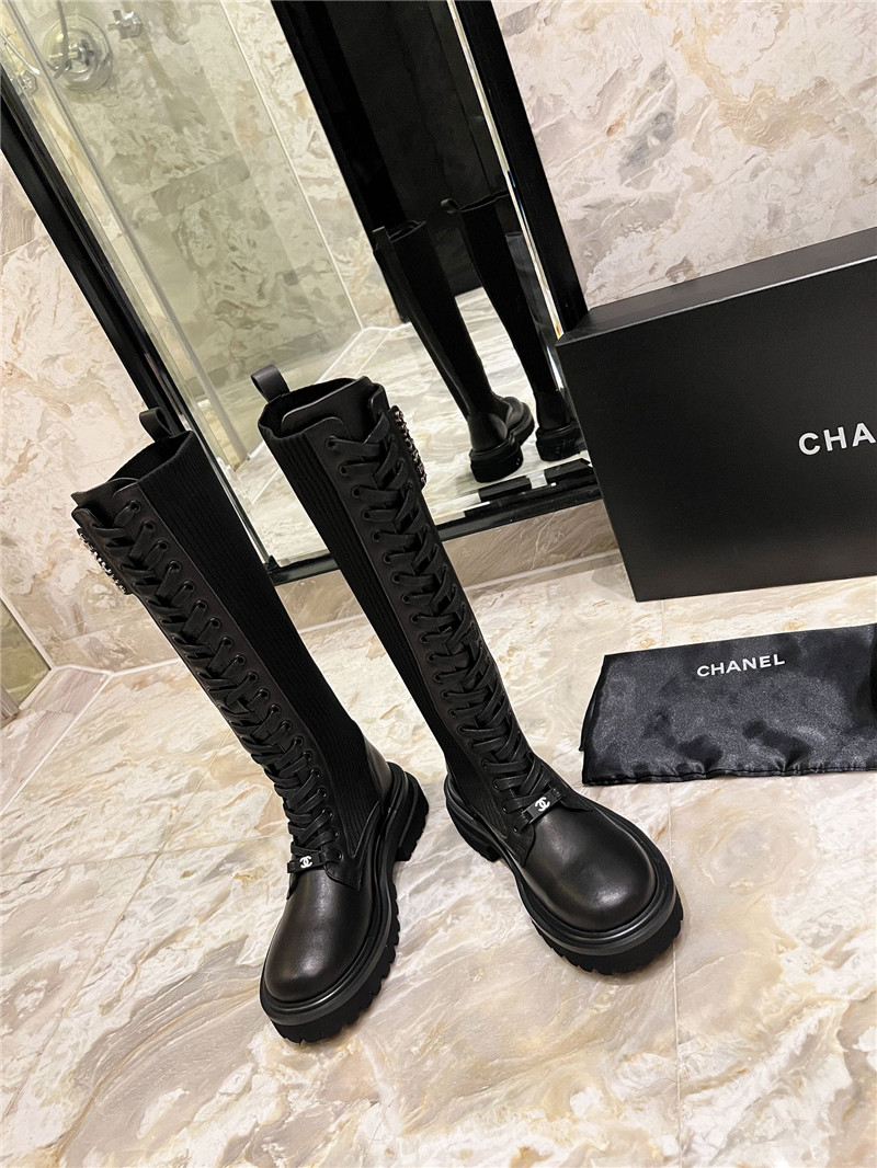 Ch**el lace-up knitted calfskin knee-high boots