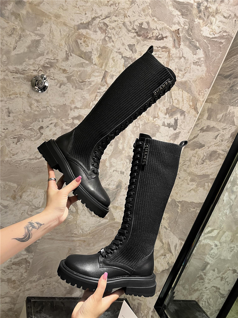 Ch**el lace-up knitted calfskin knee-high boots