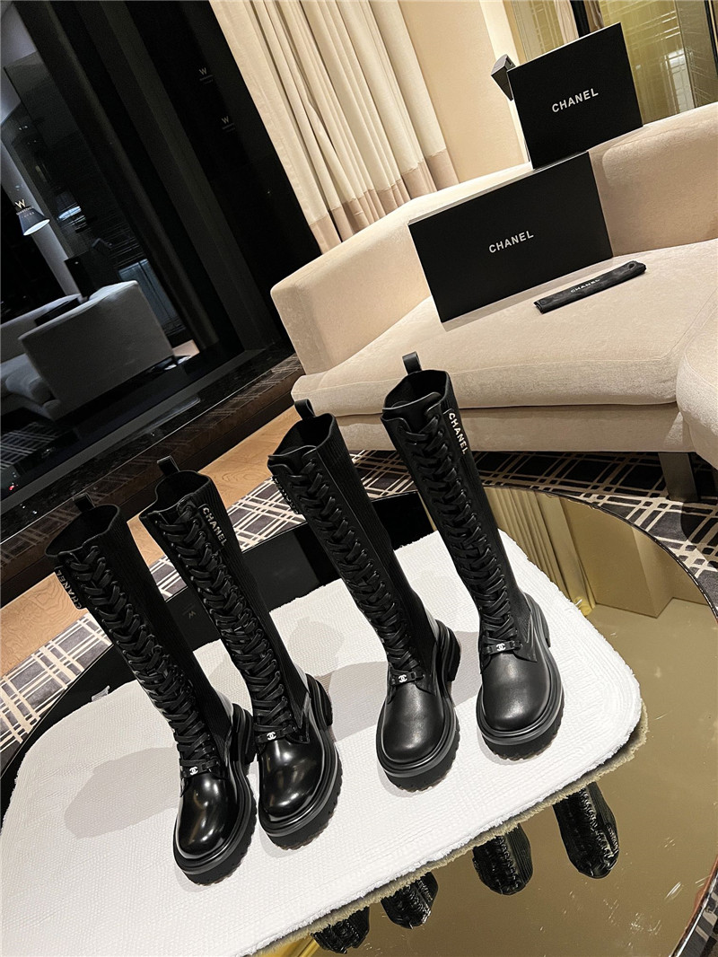 Ch**el lace-up knitted calfskin knee-high boots