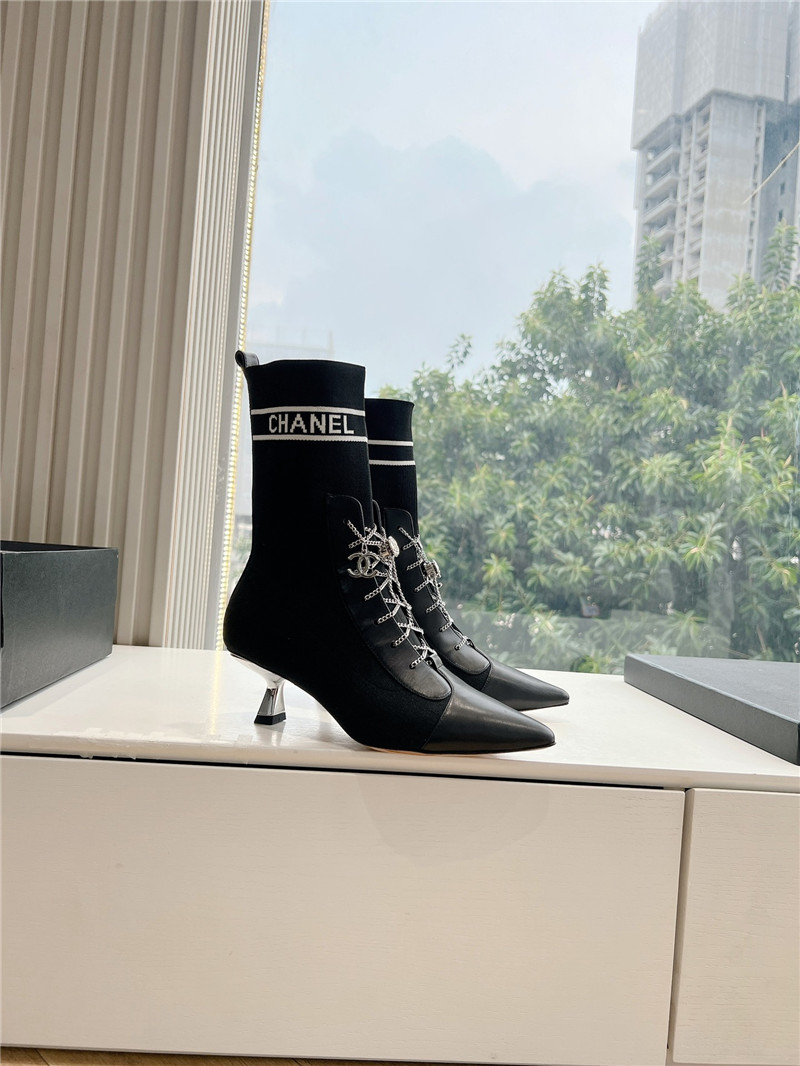 Ch**el pointed toe calfskin knit lace-up ankle boots