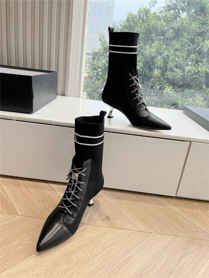 Ch**el pointed toe calfskin knit lace-up ankle boots