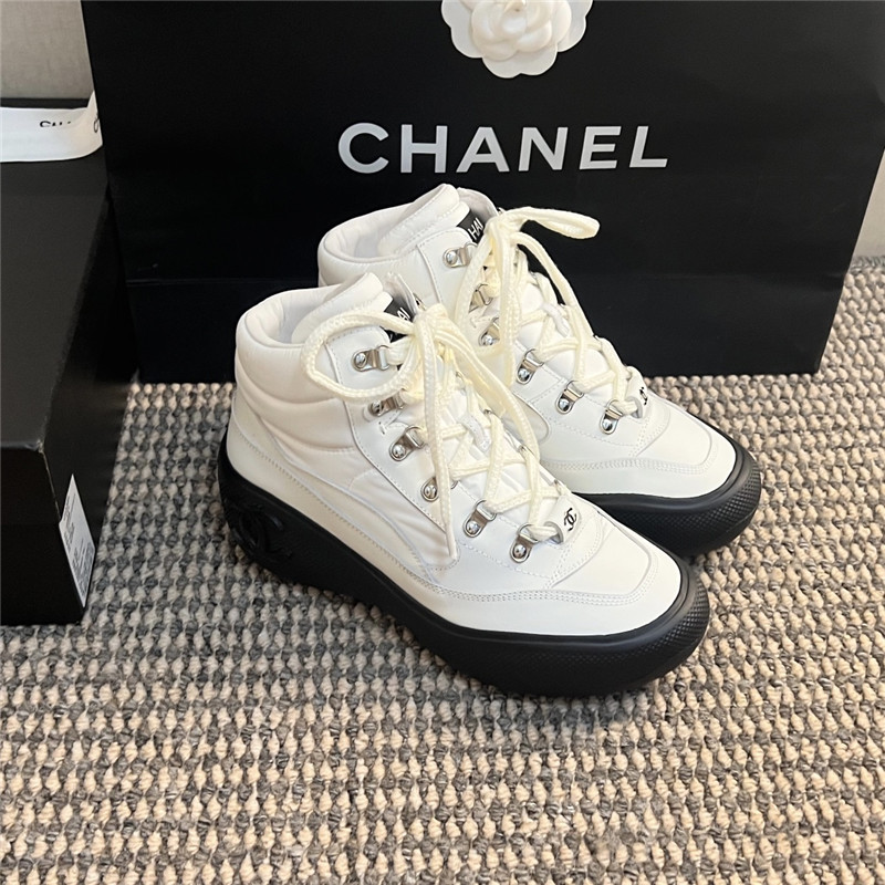 Ch**el white calfskin nylon lace up snow boots