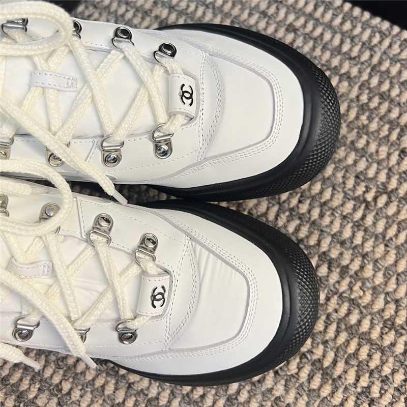 Ch**el white calfskin nylon lace up snow boots
