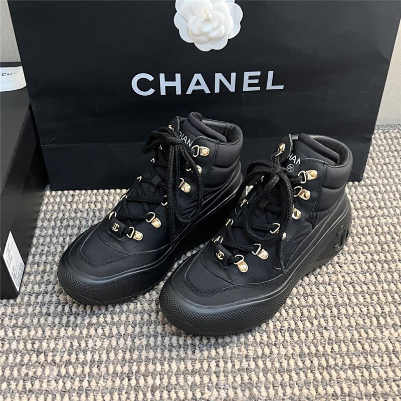 Ch**el black calfskin nylon lace up snow boots