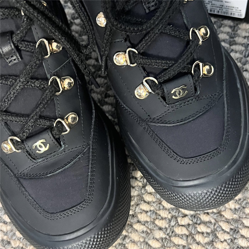 Ch**el black calfskin nylon lace up snow boots