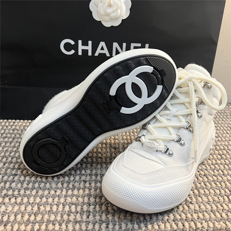 Ch**el white calfskin nylon lace up ankle snow boots