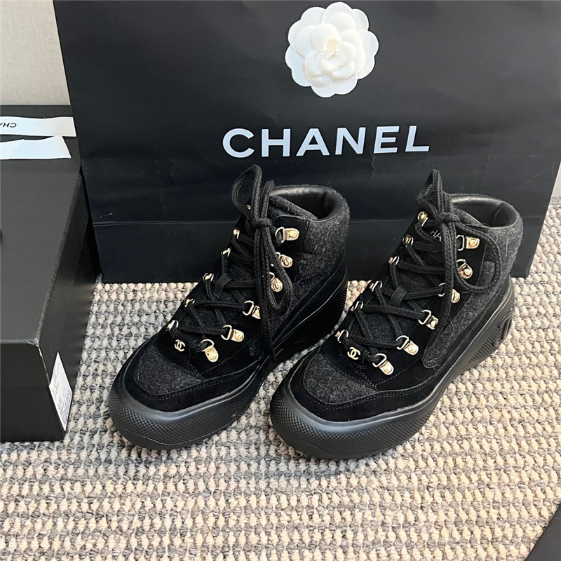 Ch**el calfskin nylon lace up ankle snow boots