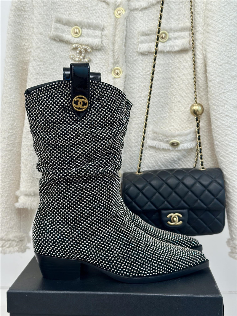 Ch**el black pointed toe rhinestone block ankle boots