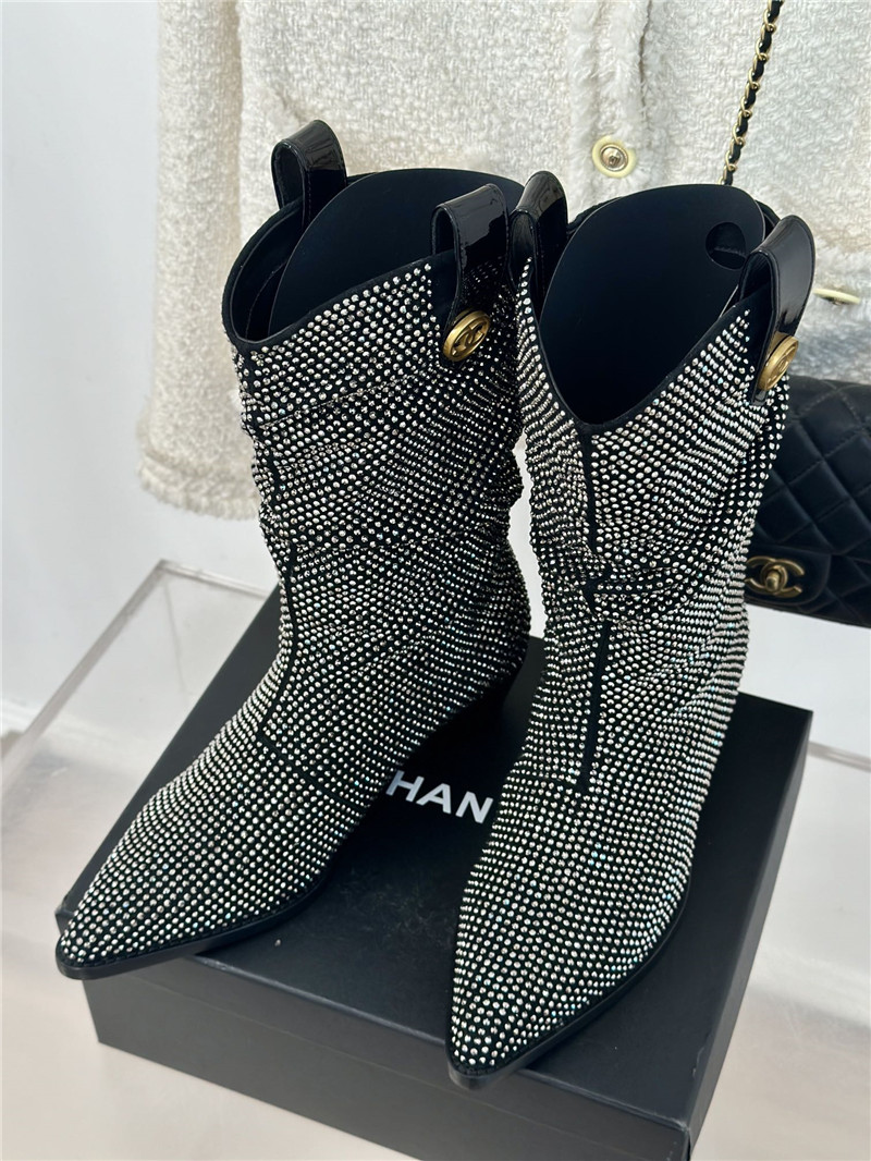 Ch**el black pointed toe rhinestone block ankle boots