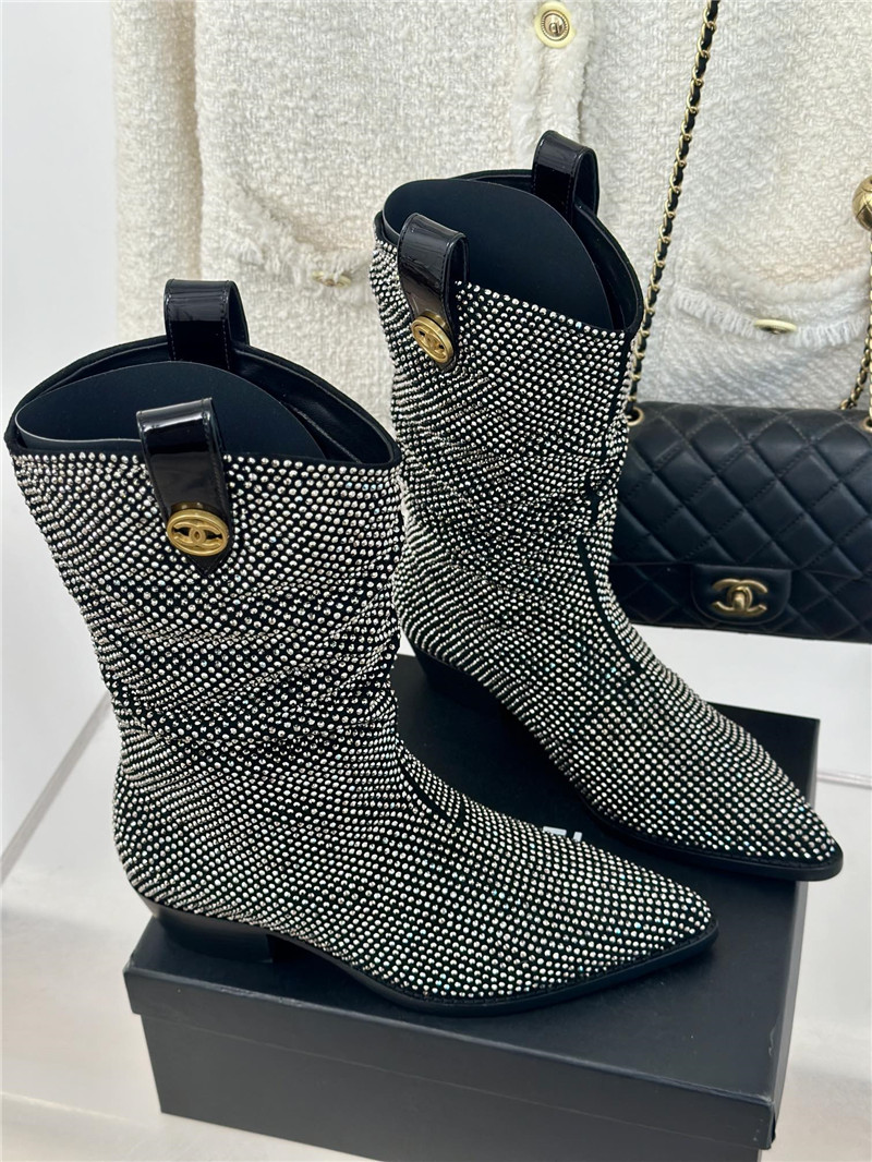 Ch**el black pointed toe rhinestone block ankle boots