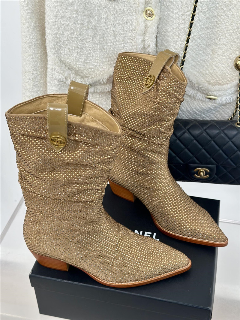 Ch**el gold pointed toe rhinestone block ankle boots