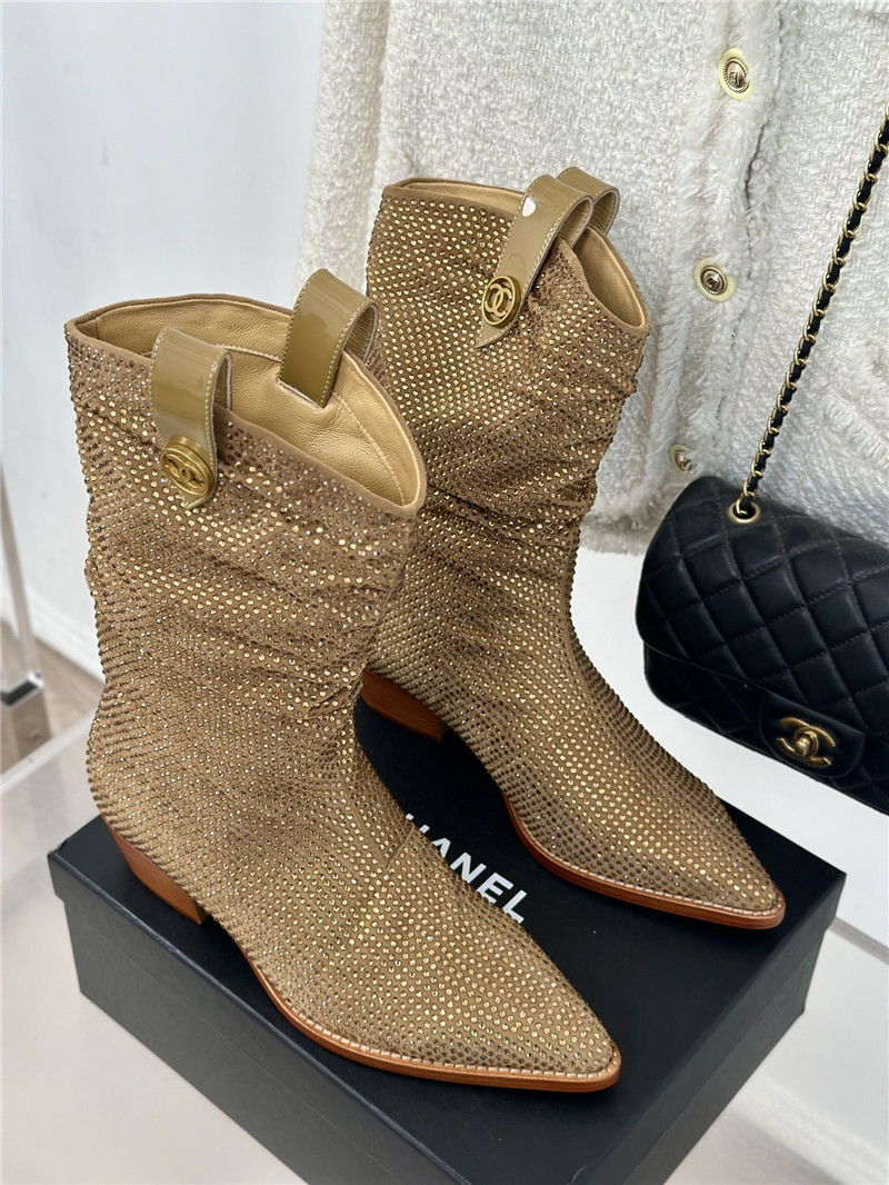 Ch**el gold pointed toe rhinestone block ankle boots