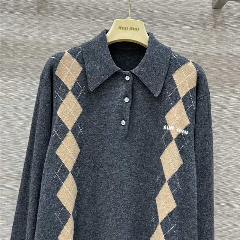 Miu Miu Argyle-Knit Polo Jumper Grey