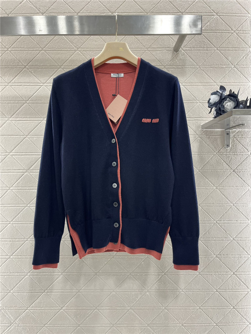 Miu Miu Contrast V-Neck Cardigan Navy/Pink