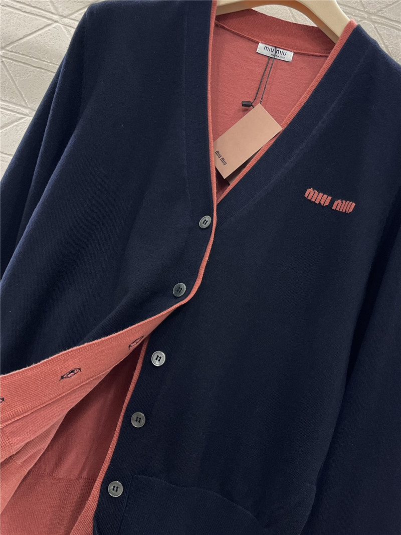 Miu Miu Contrast V-Neck Cardigan Navy/Pink