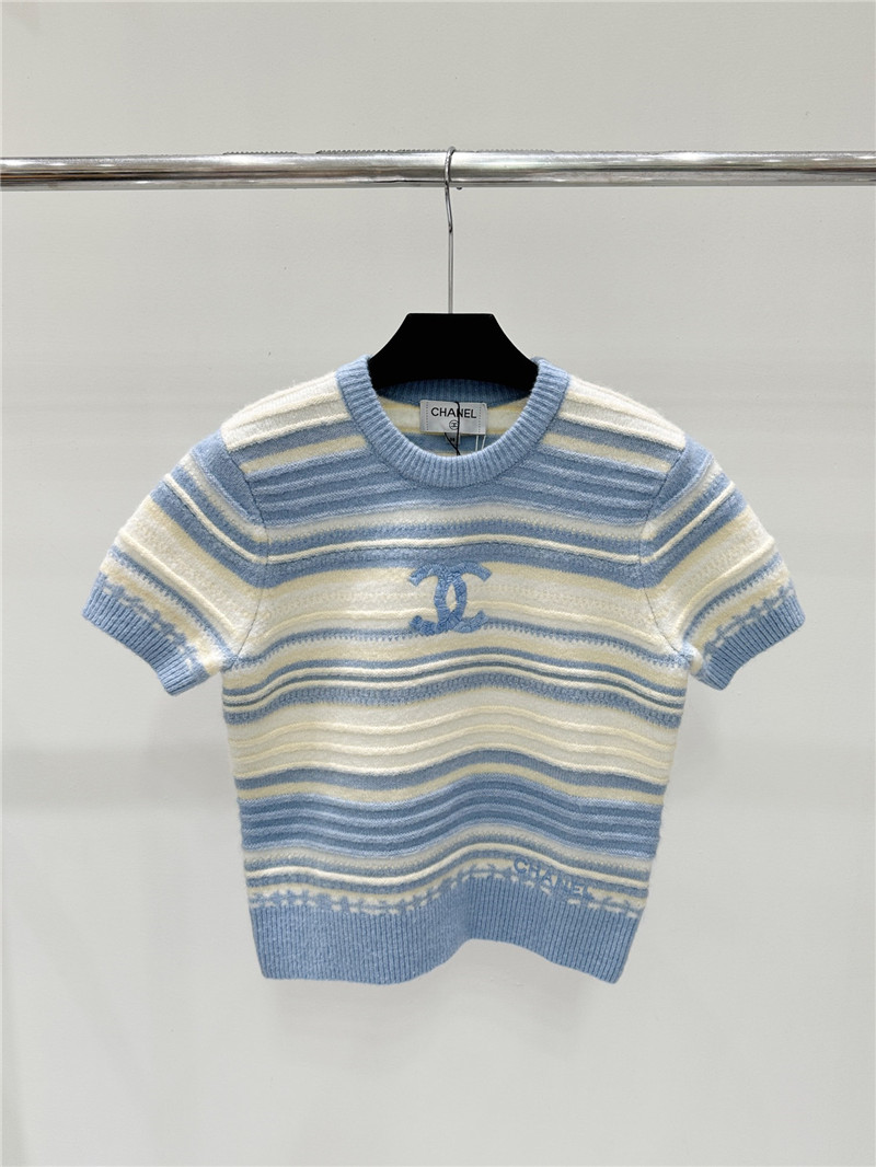 Ch**el jacquard-knit stripe short-sleeve top white/blue