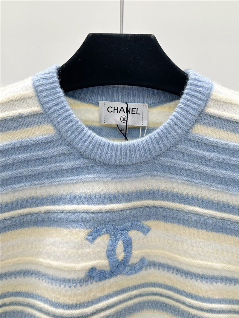 Ch**el jacquard-knit stripe short-sleeve top white/blue