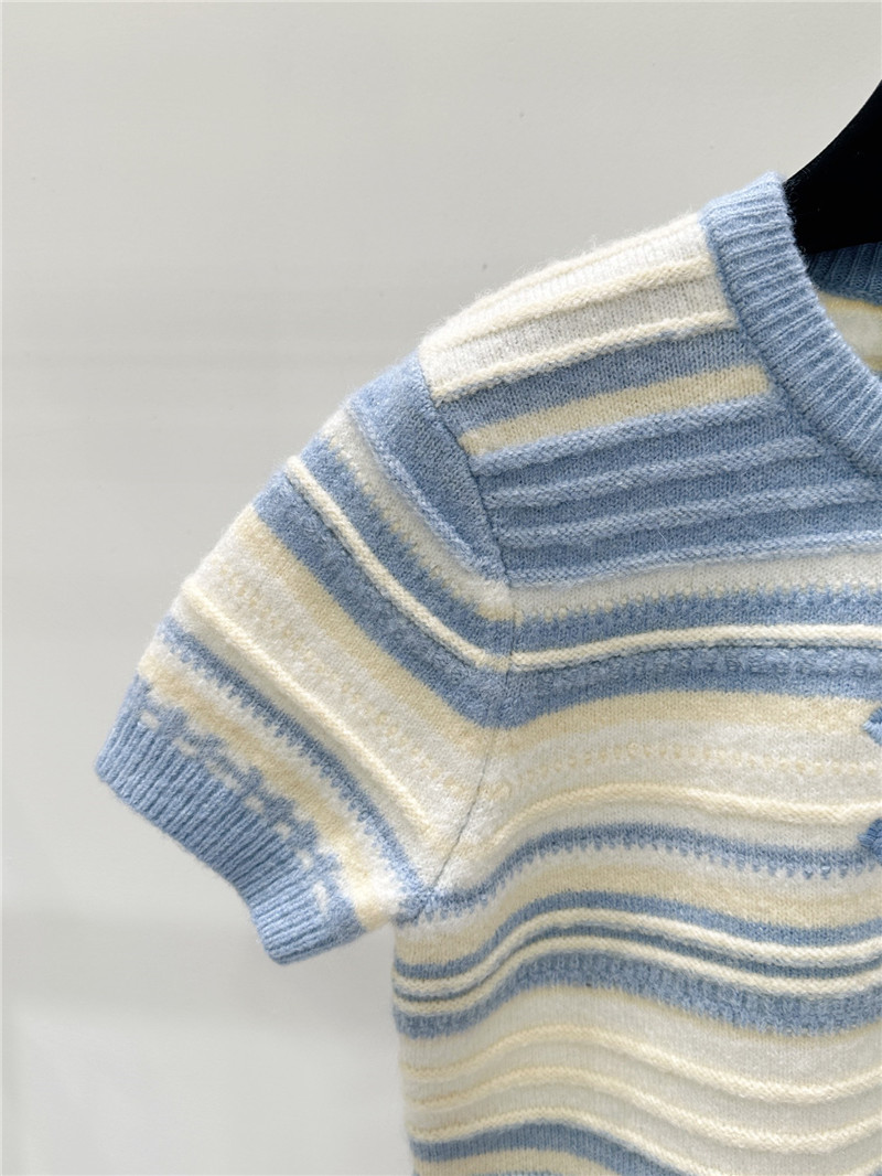 Ch**el jacquard-knit stripe short-sleeve top white/blue