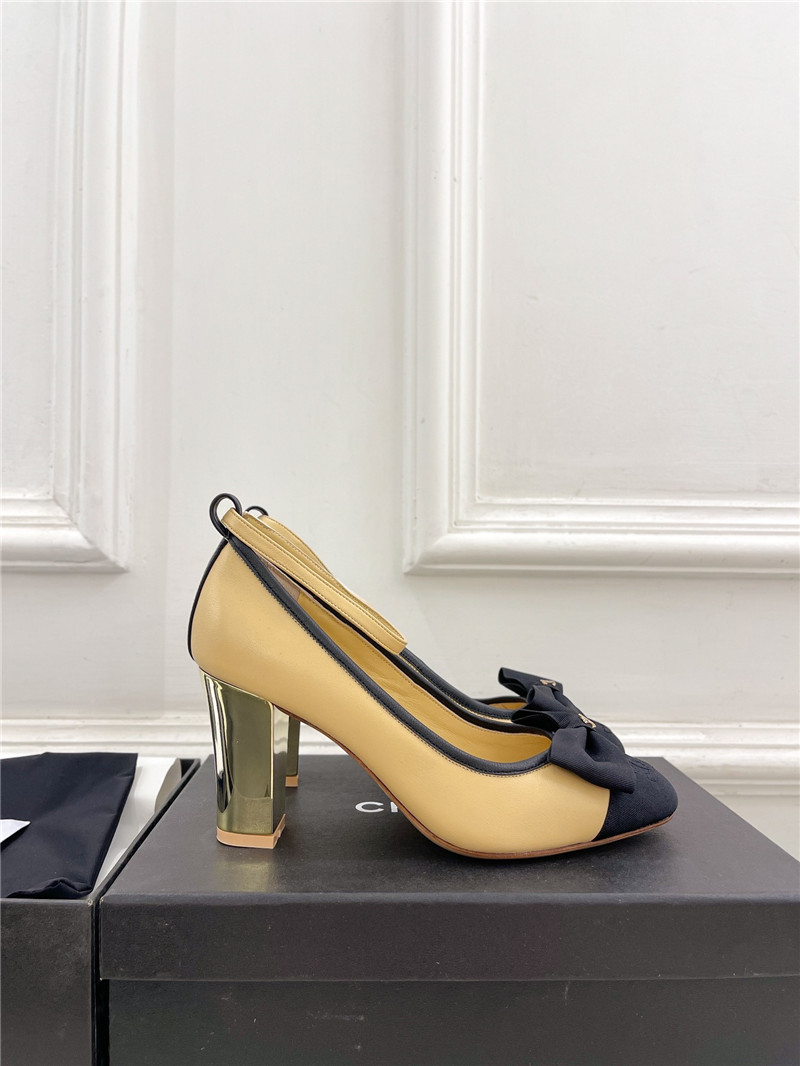 Ch**el bow mary jane heel pumps in beige calfskin