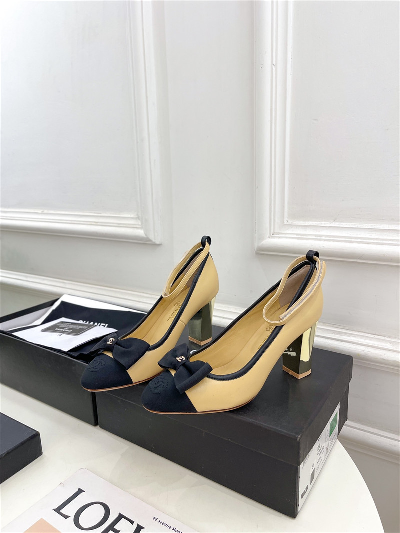 Ch**el bow mary jane heel pumps in beige calfskin