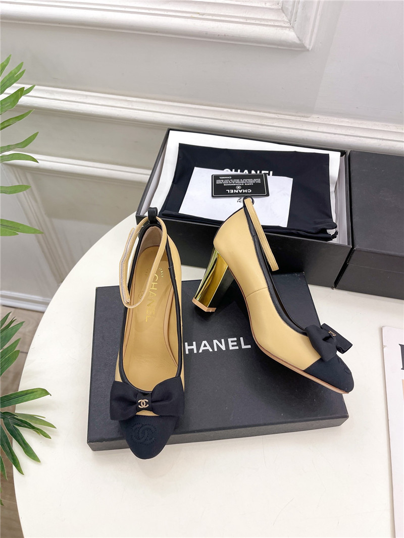 Ch**el bow mary jane heel pumps in beige calfskin