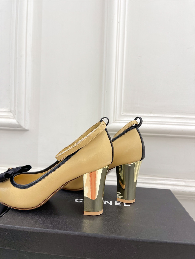 Ch**el bow mary jane heel pumps in beige calfskin