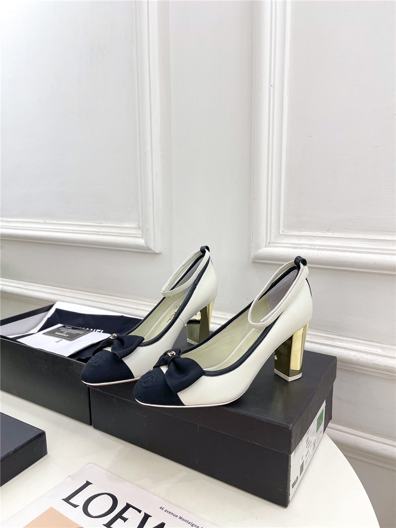 Ch**el bow mary jane heel pumps in white calfskin