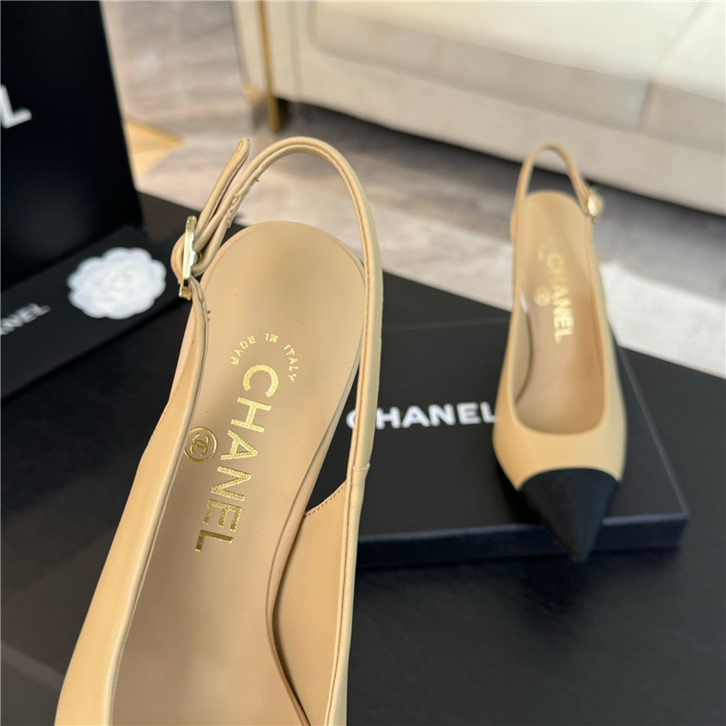 Ch**el pointed heel slingbacks in beige/black calfskin