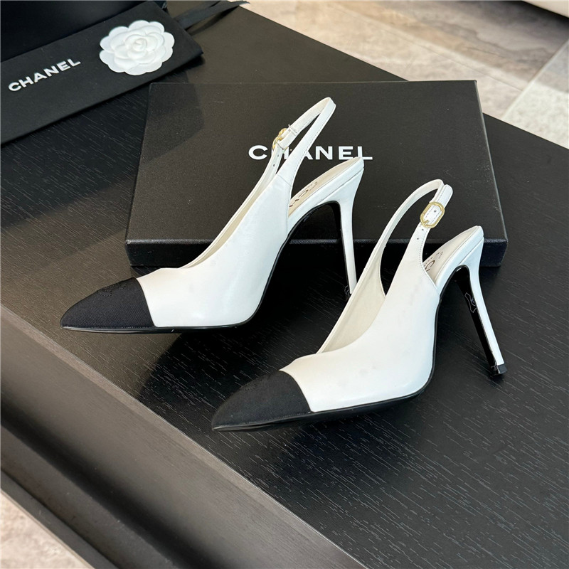 Ch**el pointed heel slingbacks in ivory/black calfskin
