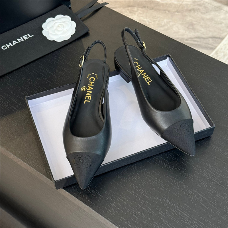Ch**el flat slingbacks in black leather/grosgrain