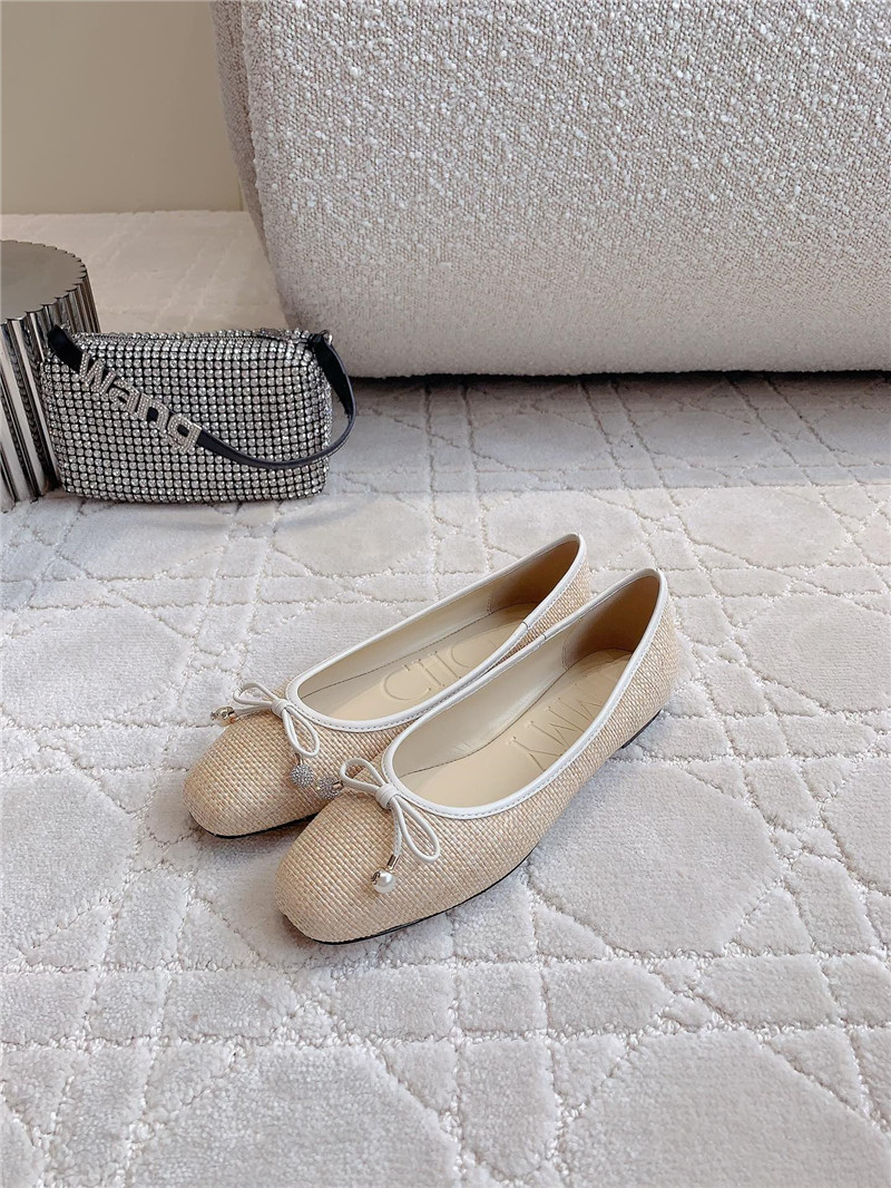 J1m*y Ch00 elme flats in beige canvas & latte raffia