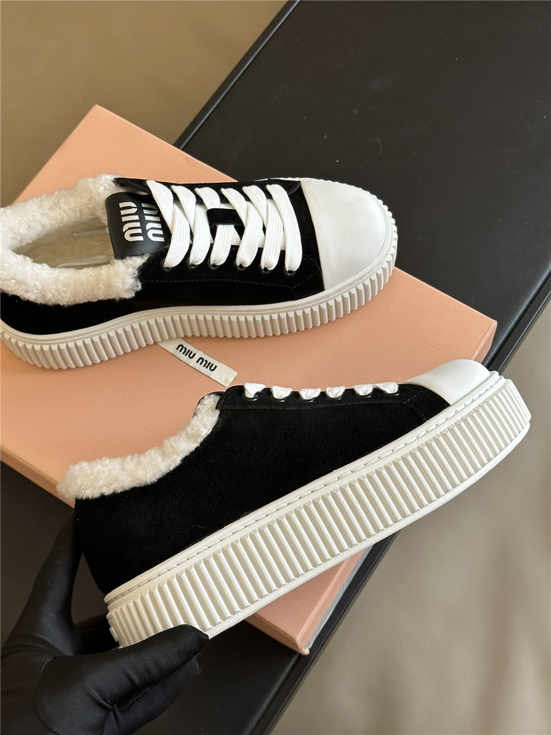 Miu Miu Shearling Lined Black Suede Sneakers