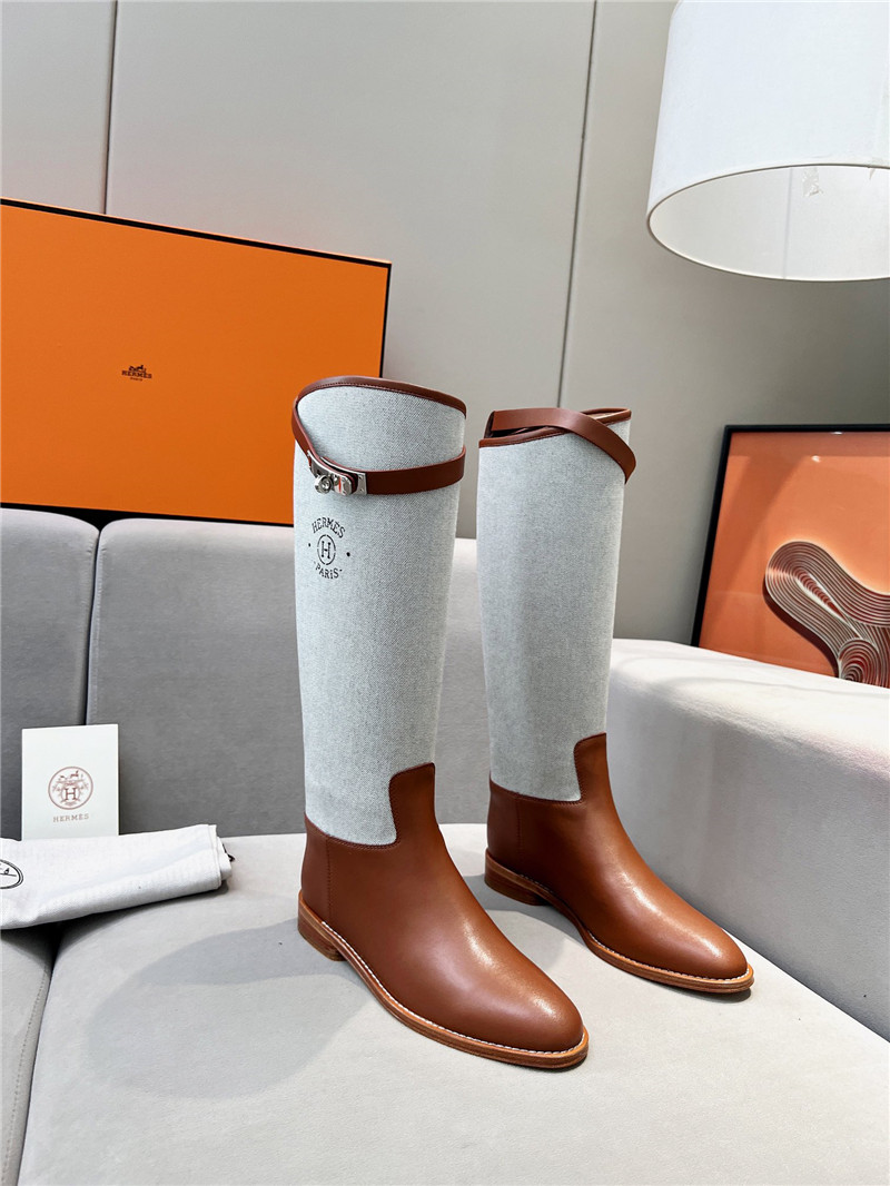 H**me5 canvas gray-brown jumping knee-high boots