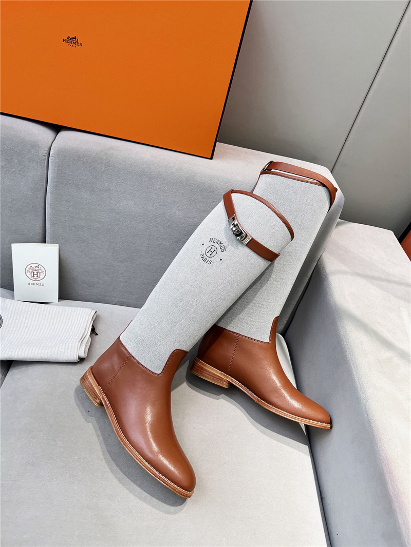 H**me5 canvas gray-brown jumping knee-high boots