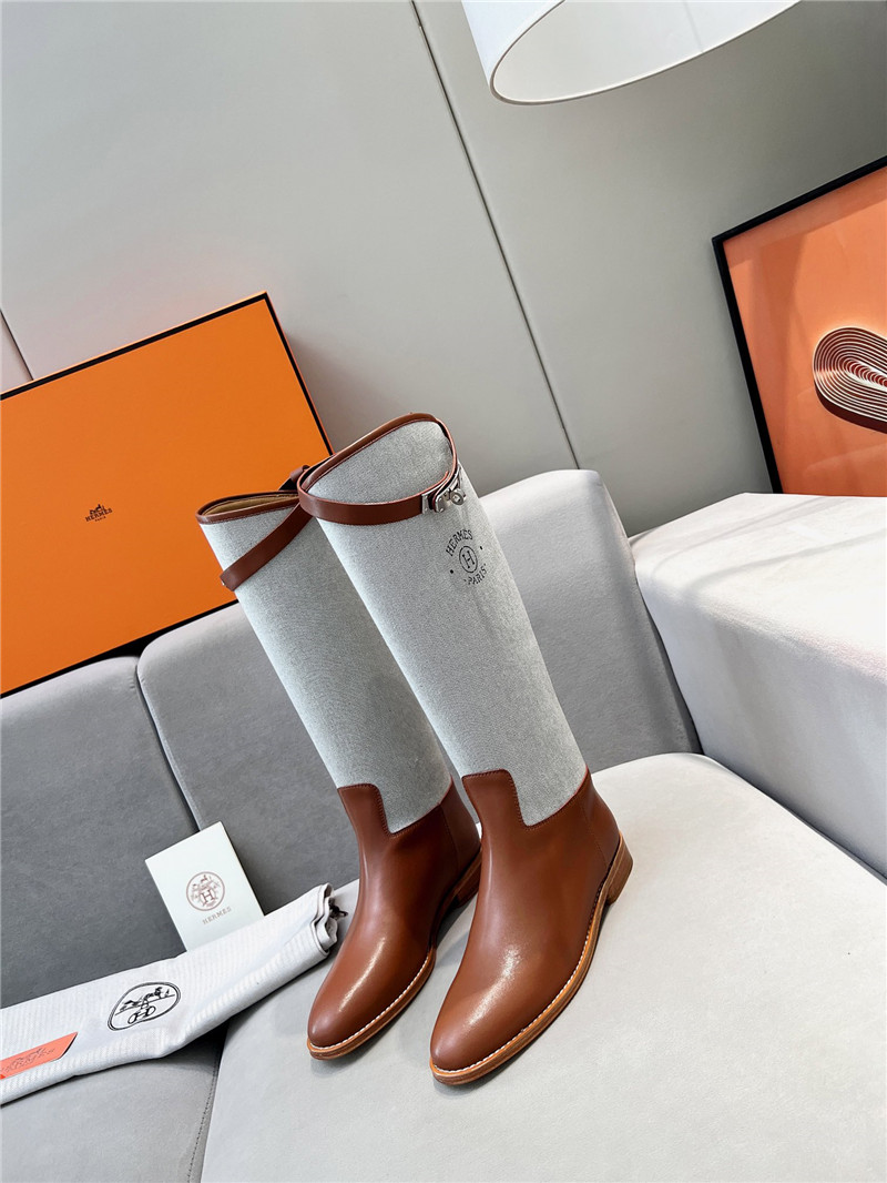 H**me5 canvas gray-brown jumping knee-high boots