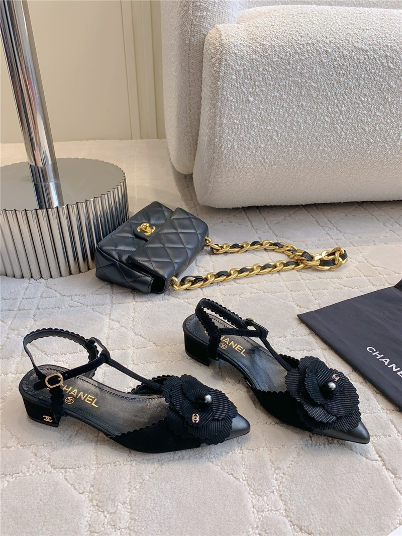 Ch**el camellia slingback flats in black suede leather