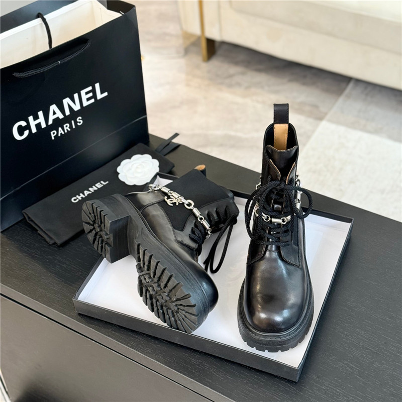 Ch**el black calfskin chain lace-up boots