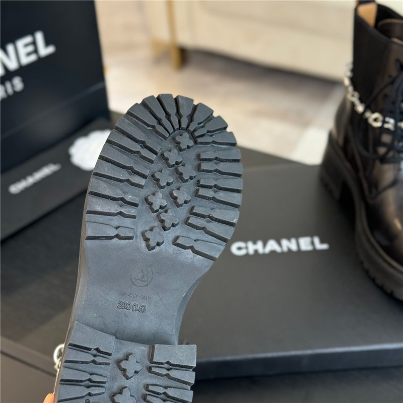 Ch**el black calfskin chain lace-up boots