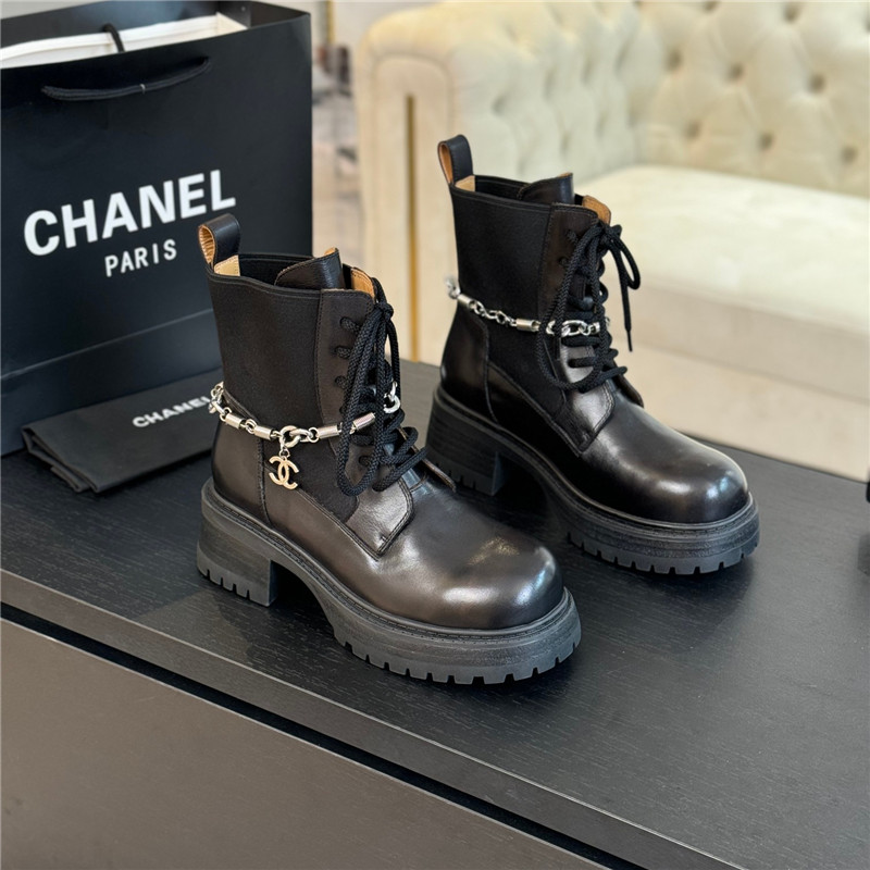 Ch**el black calfskin chain lace-up boots
