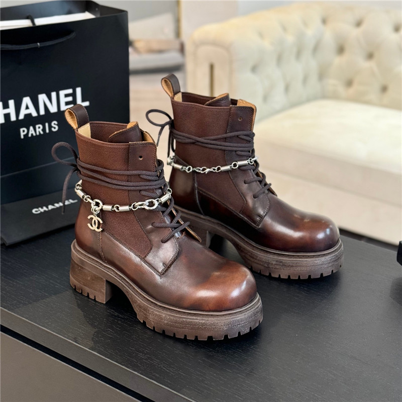 Ch**el brown calfskin chain lace-up boots