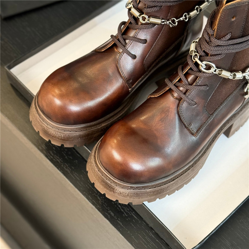 Ch**el brown calfskin chain lace-up boots