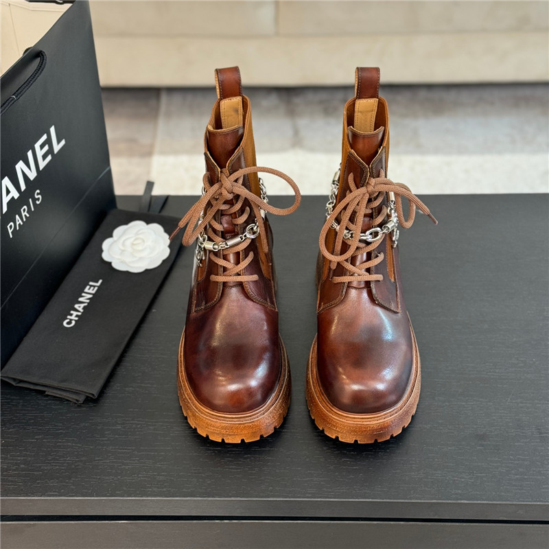 Ch**el calfskin chain lace-up platform boots