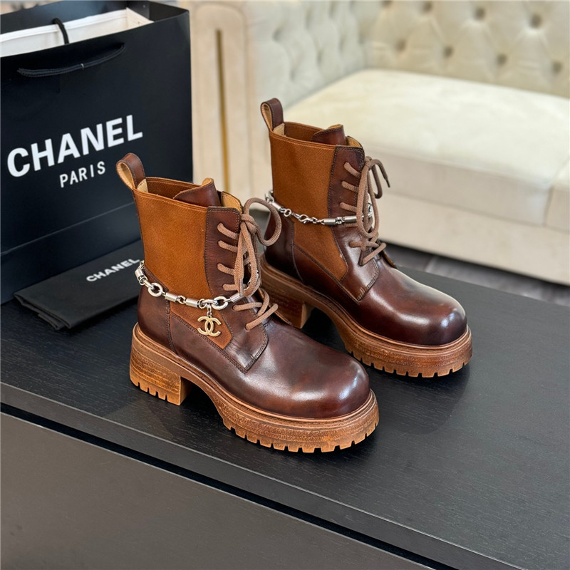 Ch**el calfskin chain lace-up platform boots