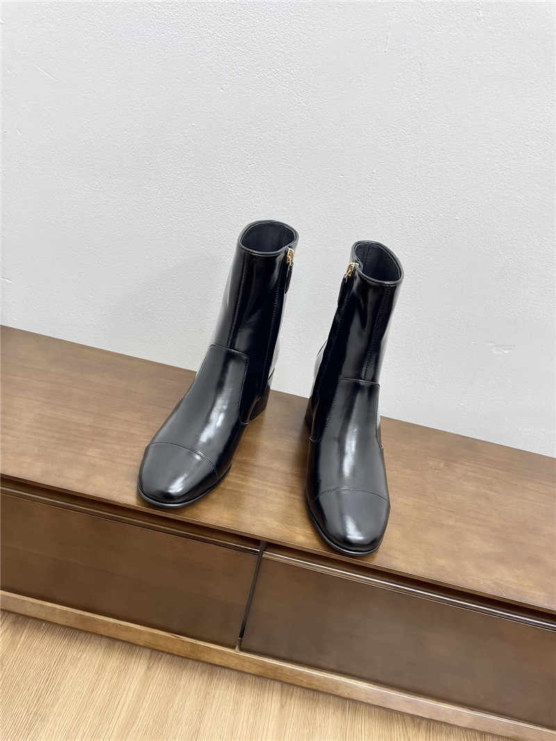 Ch**el black calfskin block heel round toe ankle boots