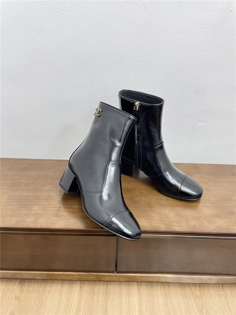 Ch**el black calfskin block heel round toe ankle boots