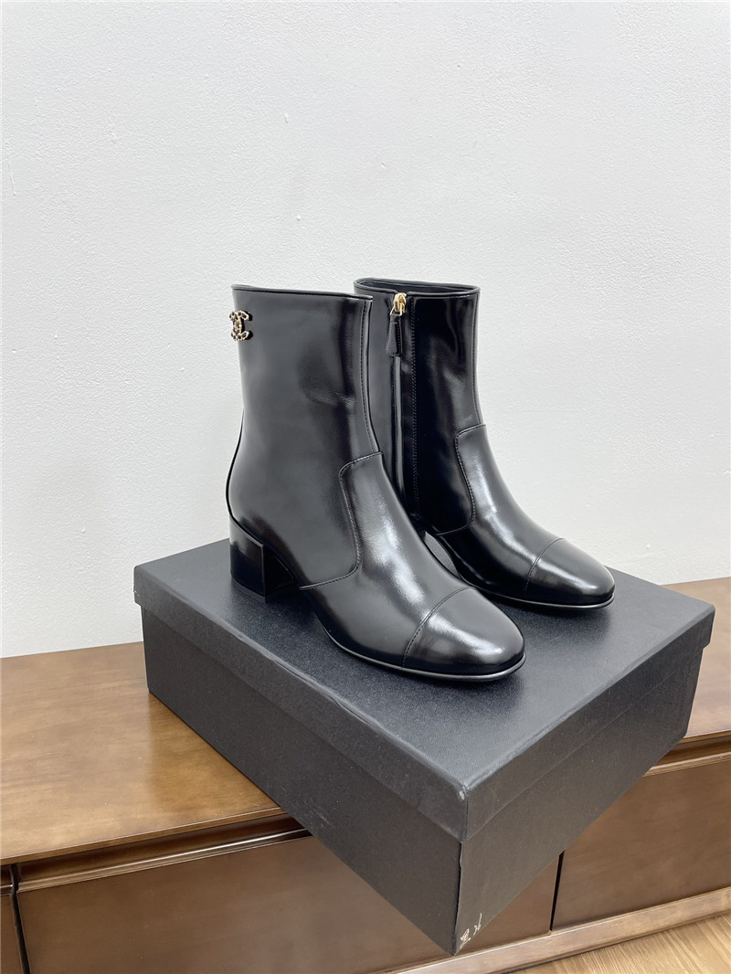 Ch**el black calfskin block heel round toe ankle boots