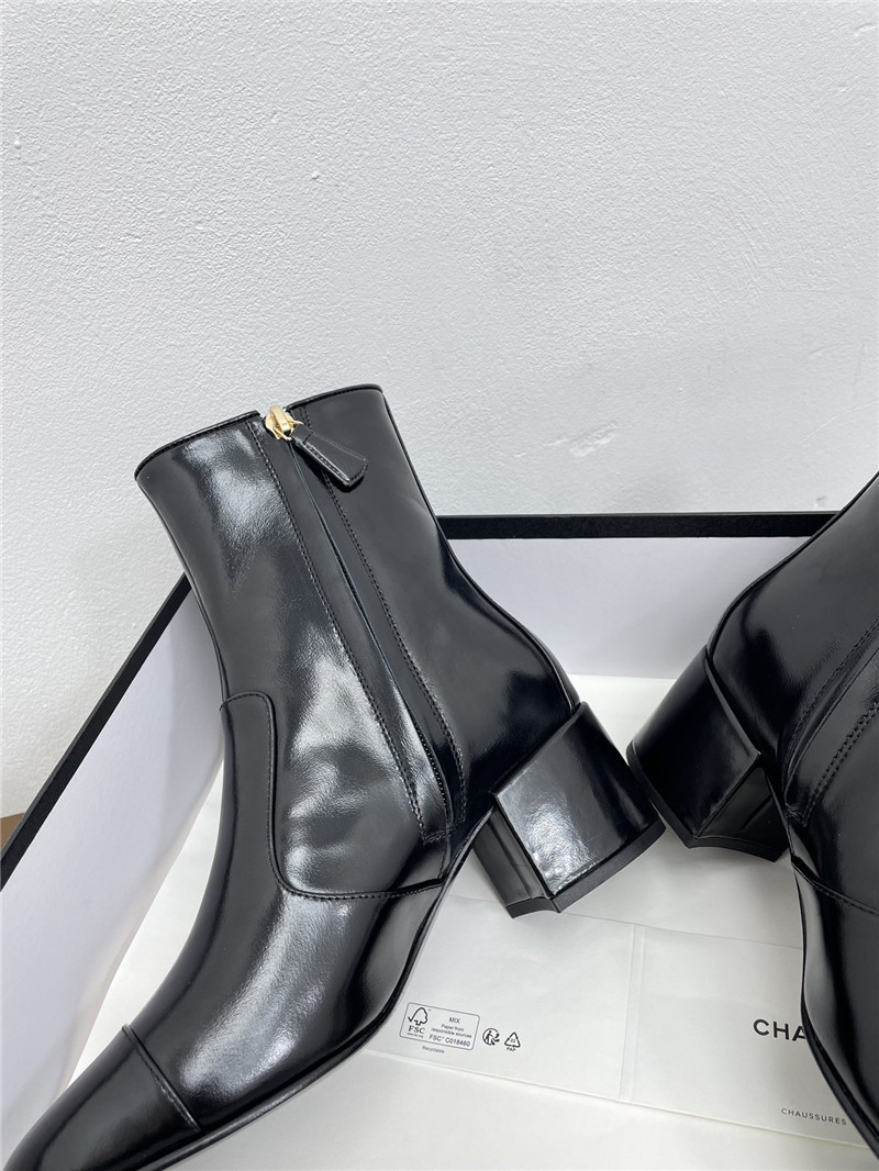 Ch**el black calfskin block heel round toe ankle boots