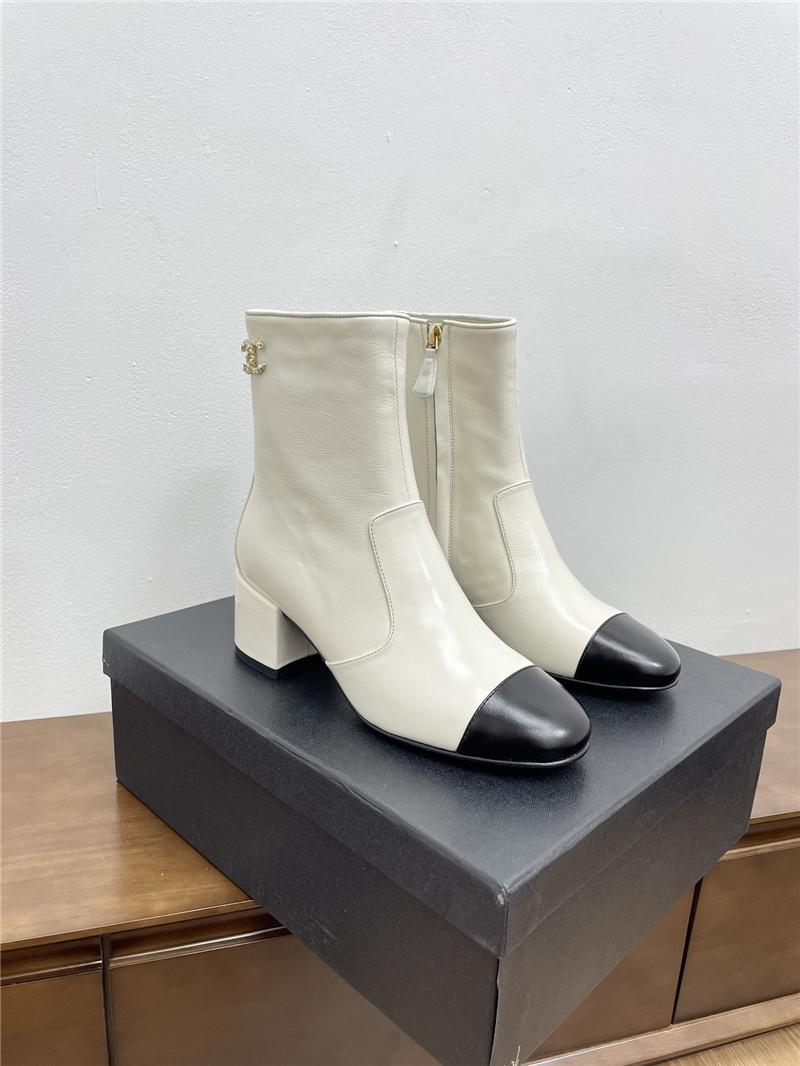 Ch**el calfskin block heel round toe ankle boots