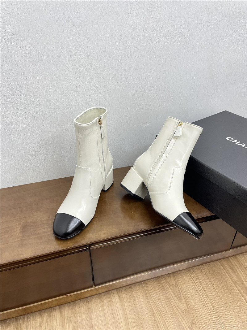 Ch**el calfskin block heel round toe ankle boots